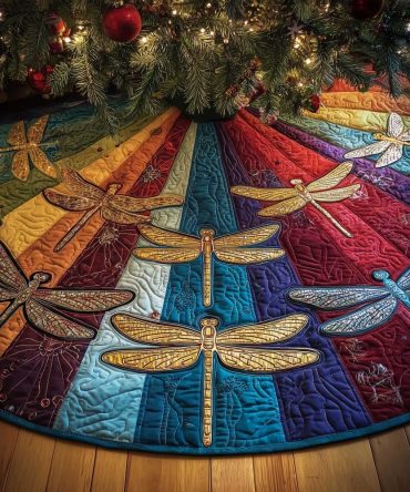 Rainbow Wedge Dragonfly Christmas Tree Skirt — Handmade Colorful Holiday Tree Collar, Bright Custom Design For Cheerful Décor