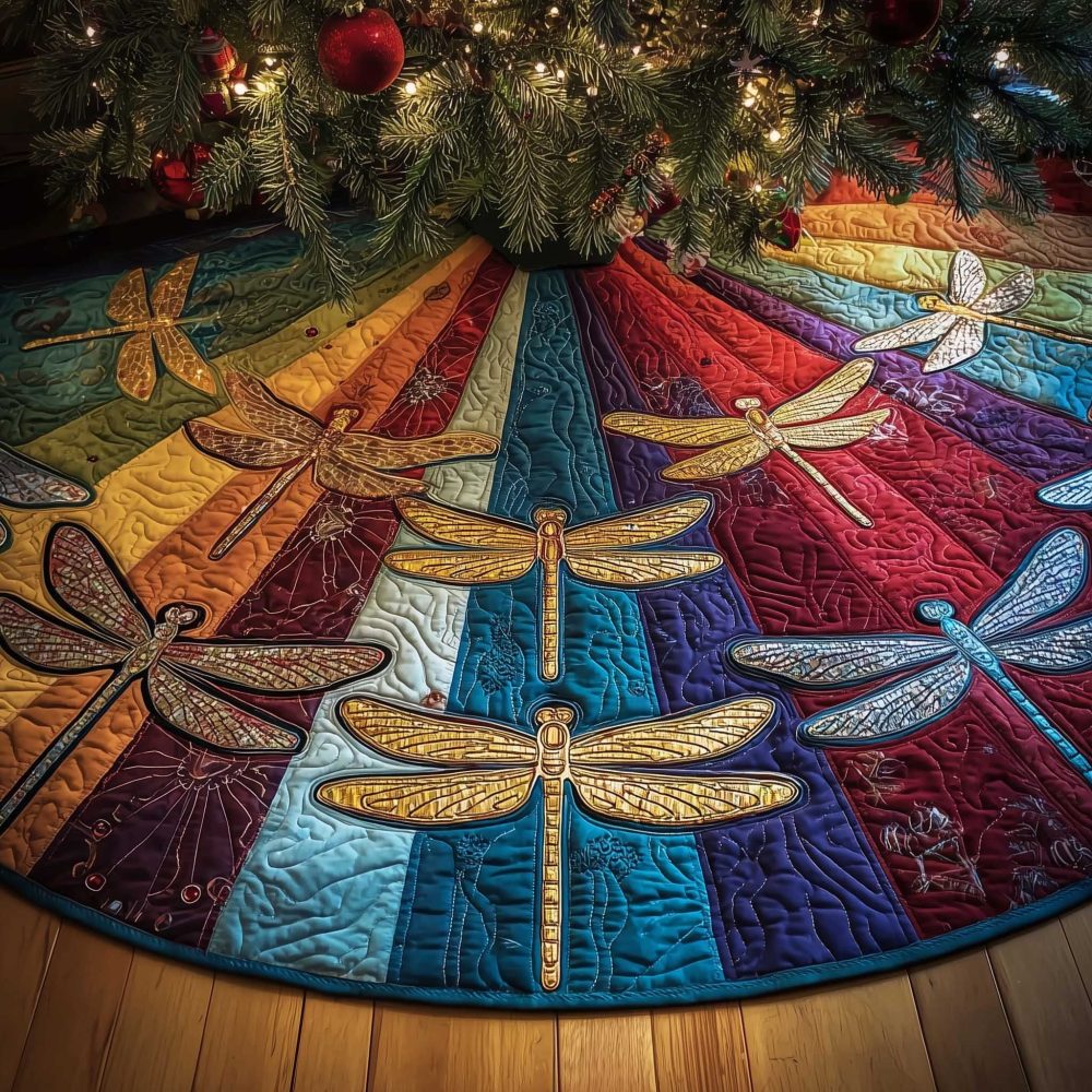 Rainbow Wedge Dragonfly Christmas Tree Skirt — Handmade Colorful Holiday Tree Collar, Bright Custom Design For Cheerful Décor