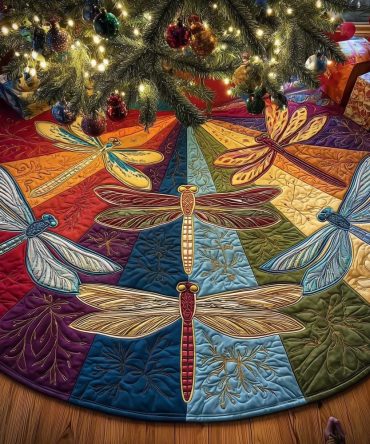 Color-Block Dragonfly Christmas Tree Skirt — Custom Handmade Panel Design, Modern Holiday Tree Collar For Chic Seasonal Decor