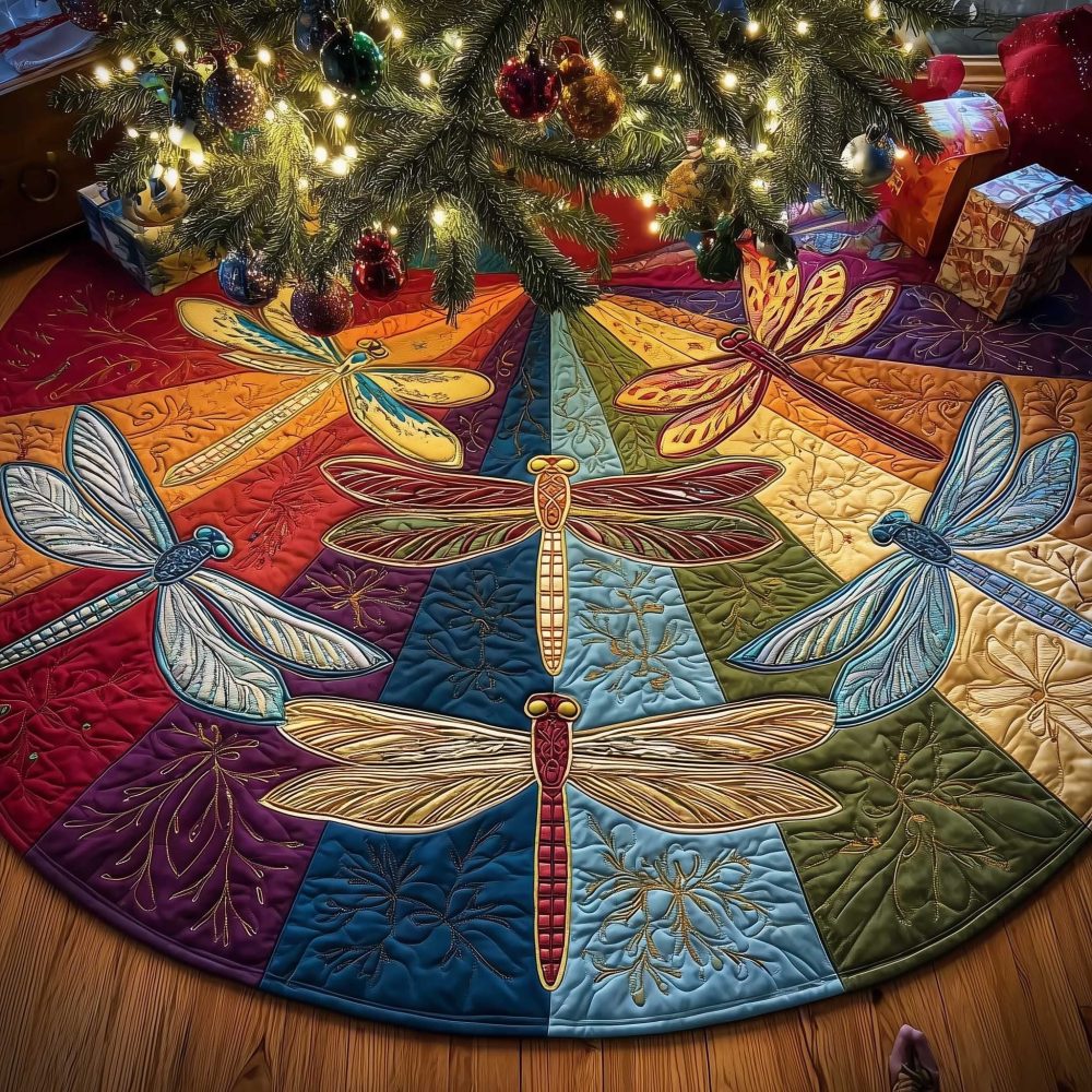 Color-Block Dragonfly Christmas Tree Skirt — Custom Handmade Panel Design, Modern Holiday Tree Collar For Chic Seasonal Decor