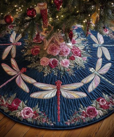 Navy Dragonflies & Pink Roses Christmas Tree Skirt — Custom-Made Holiday Tree Collar, Bold Floral Accent For Festive Rooms