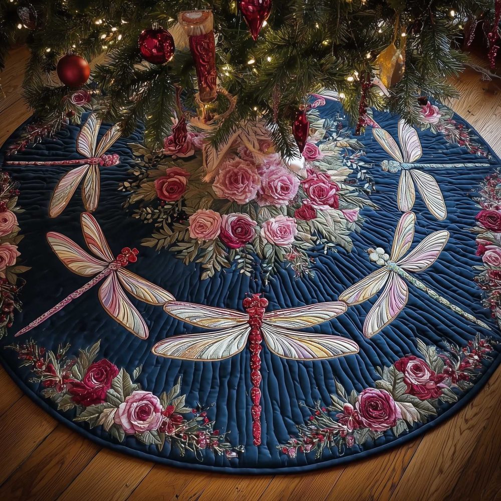 Navy Dragonflies & Pink Roses Christmas Tree Skirt — Custom-Made Holiday Tree Collar, Bold Floral Accent For Festive Rooms