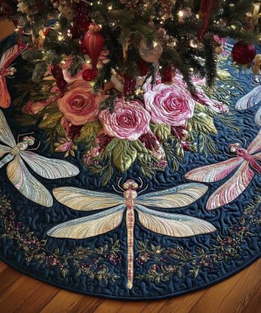 Deep Blue Dragonfly Among Roses Christmas Tree Skirt — Custom Handmade Holiday Tree Collar, Romantic Floral Winter Decor