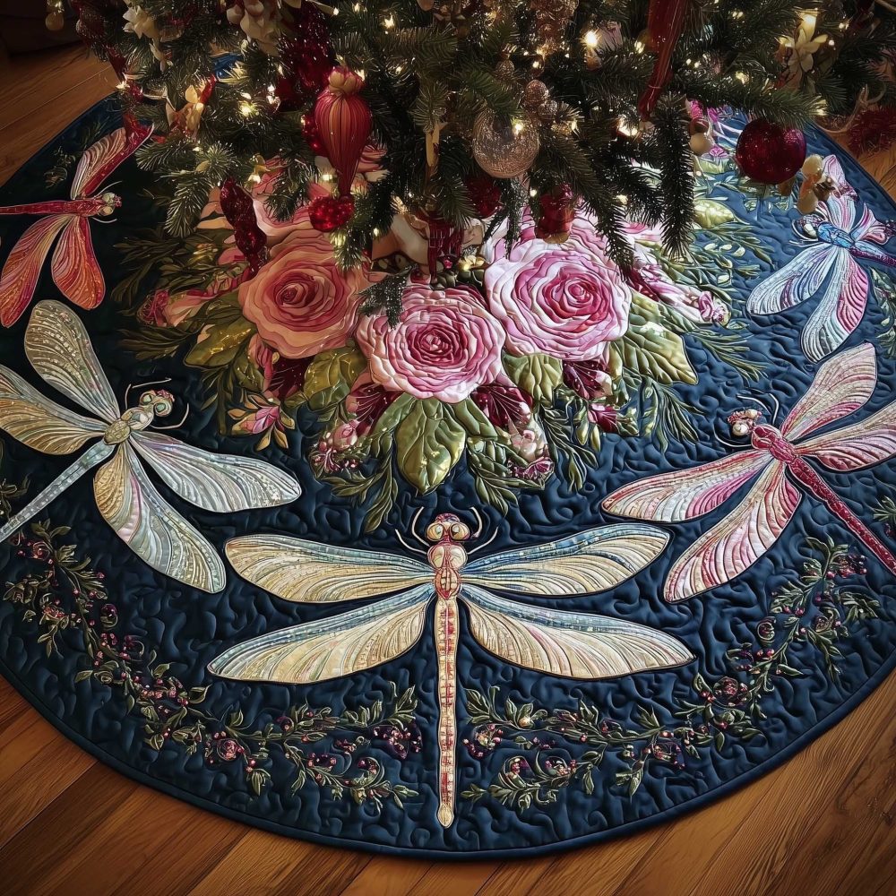 Deep Blue Dragonfly Among Roses Christmas Tree Skirt — Custom Handmade Holiday Tree Collar, Romantic Floral Winter Decor