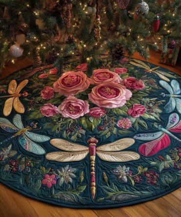 Teal Dragonflies & Roses Christmas Tree Skirt — Handmade Floral Holiday Tree Collar, Custom Size & Premium Fabric Options