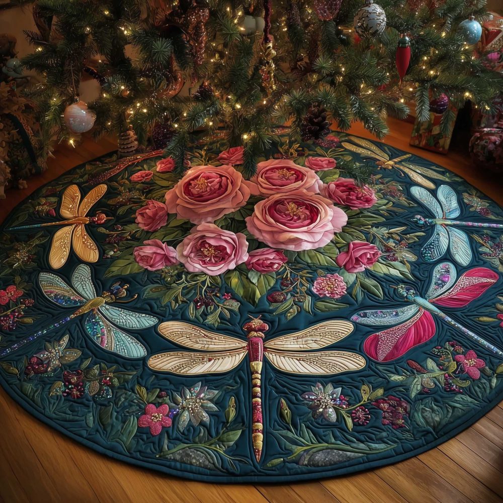 Teal Dragonflies & Roses Christmas Tree Skirt — Handmade Floral Holiday Tree Collar, Custom Size & Premium Fabric Options