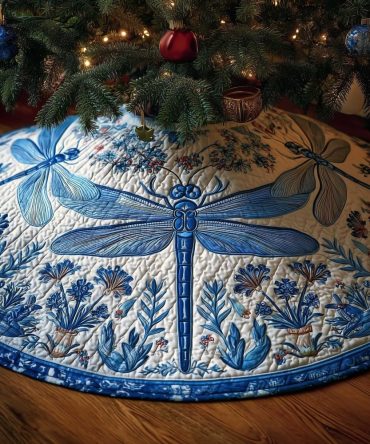 Blue & White Delft Dragonfly Christmas Tree Skirt — Elegant Custom Holiday Tree Collar, Vintage Delft-Inspired Design
