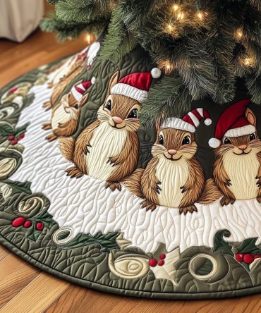 Holly Green Chipmunk Holiday Tree Skirt - Cute Handmade Christmas Tree Skirt With Chipmunks & Holly Wreath, Custom Made Festive Base