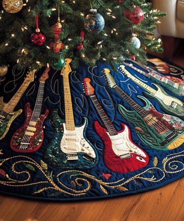 Navy & Gold Swirl Guitar Tree Skirt - Elegant Handmade Christmas Tree Skirt, Custom Music-Themed Holiday Decor, Made-To-Order
