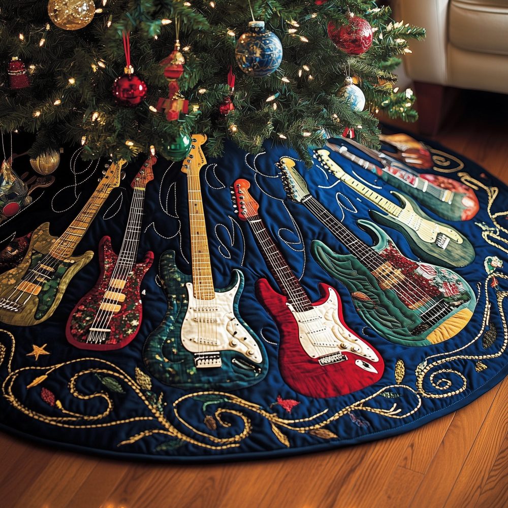 Navy & Gold Swirl Guitar Tree Skirt - Elegant Handmade Christmas Tree Skirt, Custom Music-Themed Holiday Decor, Made-To-Order