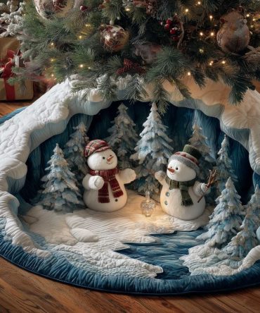 Snowmen In Snowy Ice Cave Holiday Tree Skirt — Custom-Made Winter Scene Christmas Tree Collar, Soft Luxury Fabric