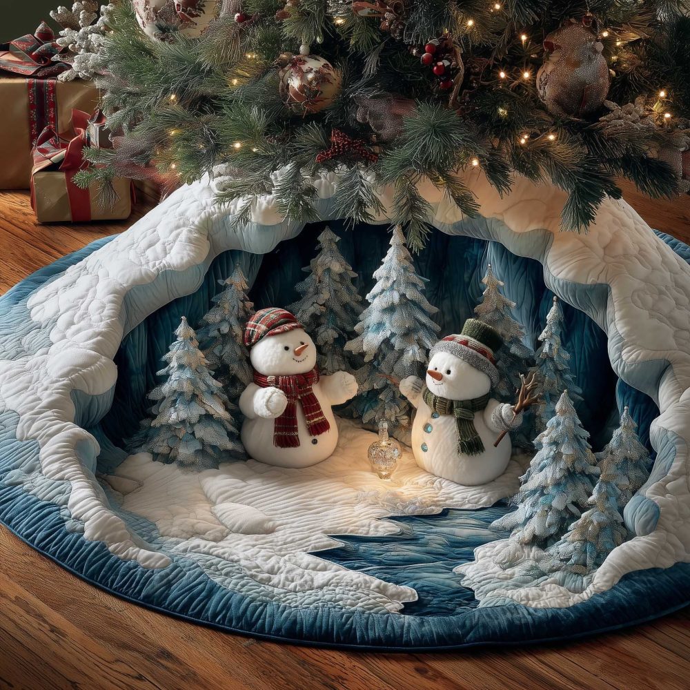 Snowmen In Snowy Ice Cave Holiday Tree Skirt — Custom-Made Winter Scene Christmas Tree Collar, Soft Luxury Fabric