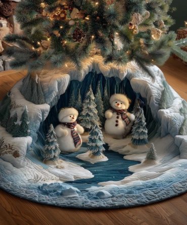 Handmade Snowman Couple Christmas Tree Skirt — Custom Ice Cave Design, Cozy Holiday Decor & Personalized Fit
