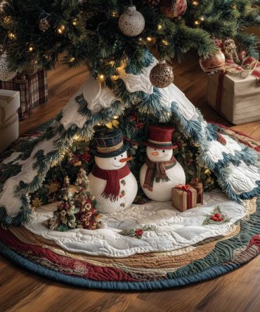 Festive Snowmen With Gifts & Pines Tree Skirt — Made-To-Order Cheerful Holiday Base For Classic Christmas Trees