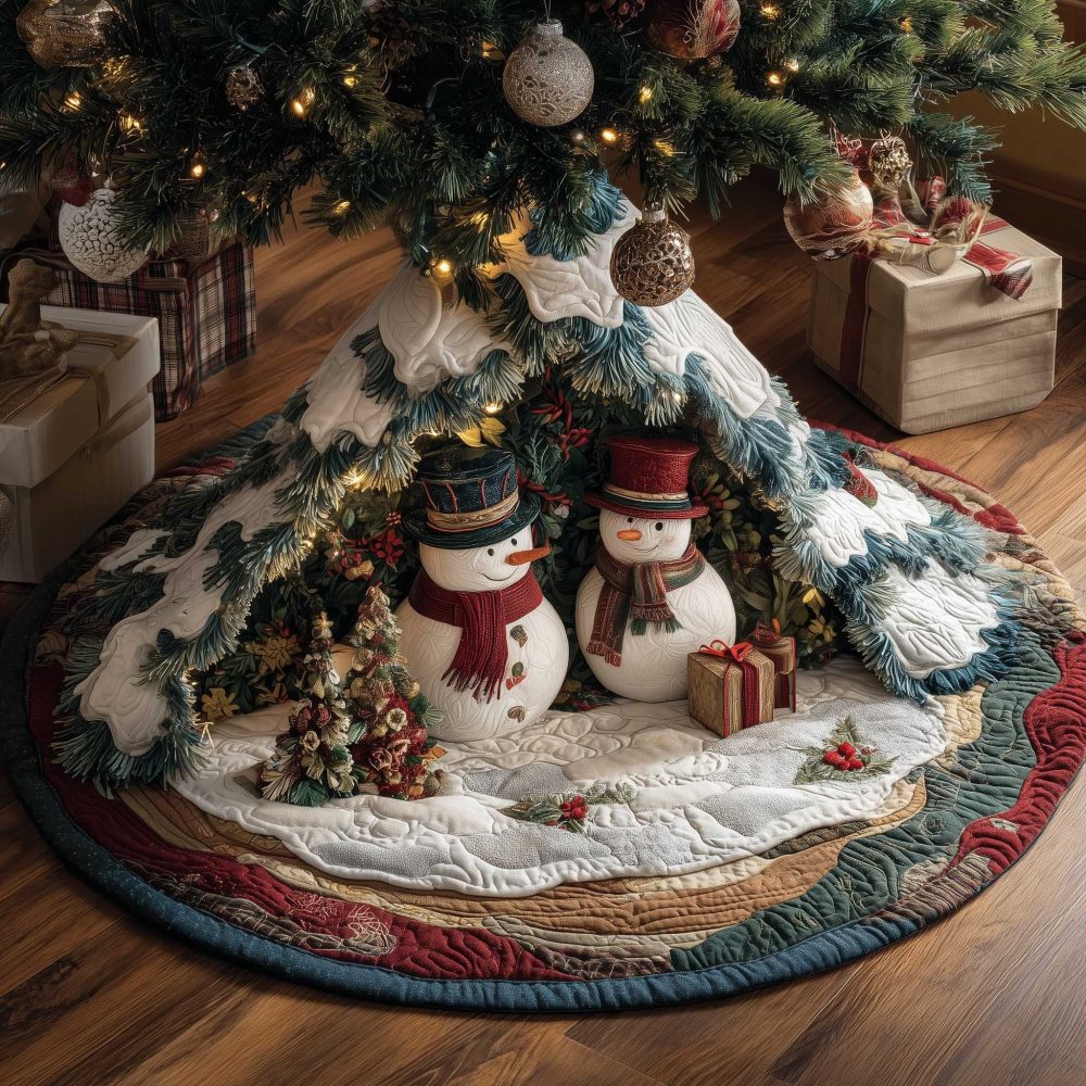 Festive Snowmen With Gifts & Pines Tree Skirt — Made-To-Order Cheerful Holiday Base For Classic Christmas Trees