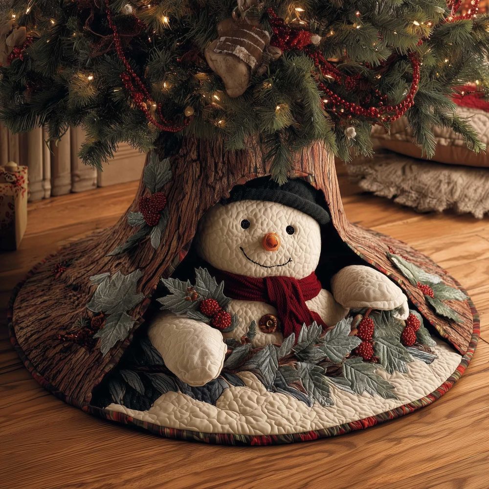 Classic Snowman With Red Scarf & Hat Tree Skirt — Made-To-Order Warm & Whimsical Christmas Accent For Family Decor