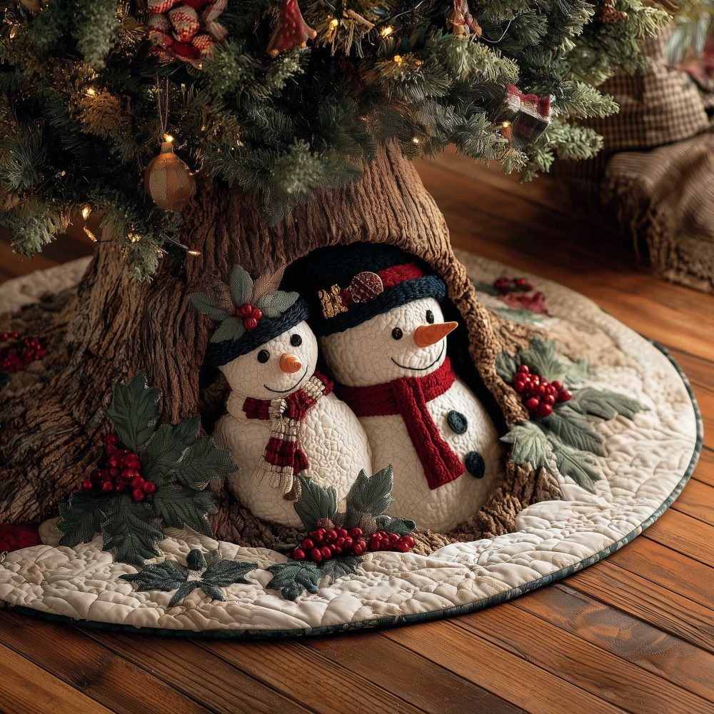 Festive Two Snowmen Christmas Tree Skirt With Holly Sprigs — Custom Handmade Holiday Tree Collar, Cozy Seasonal Accent