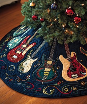 Midnight Blue Guitar Fan Tree Skirt - Handmade Custom Christmas Tree Skirt With Deep Blue Music Design, Made-To-Order Holiday Accent