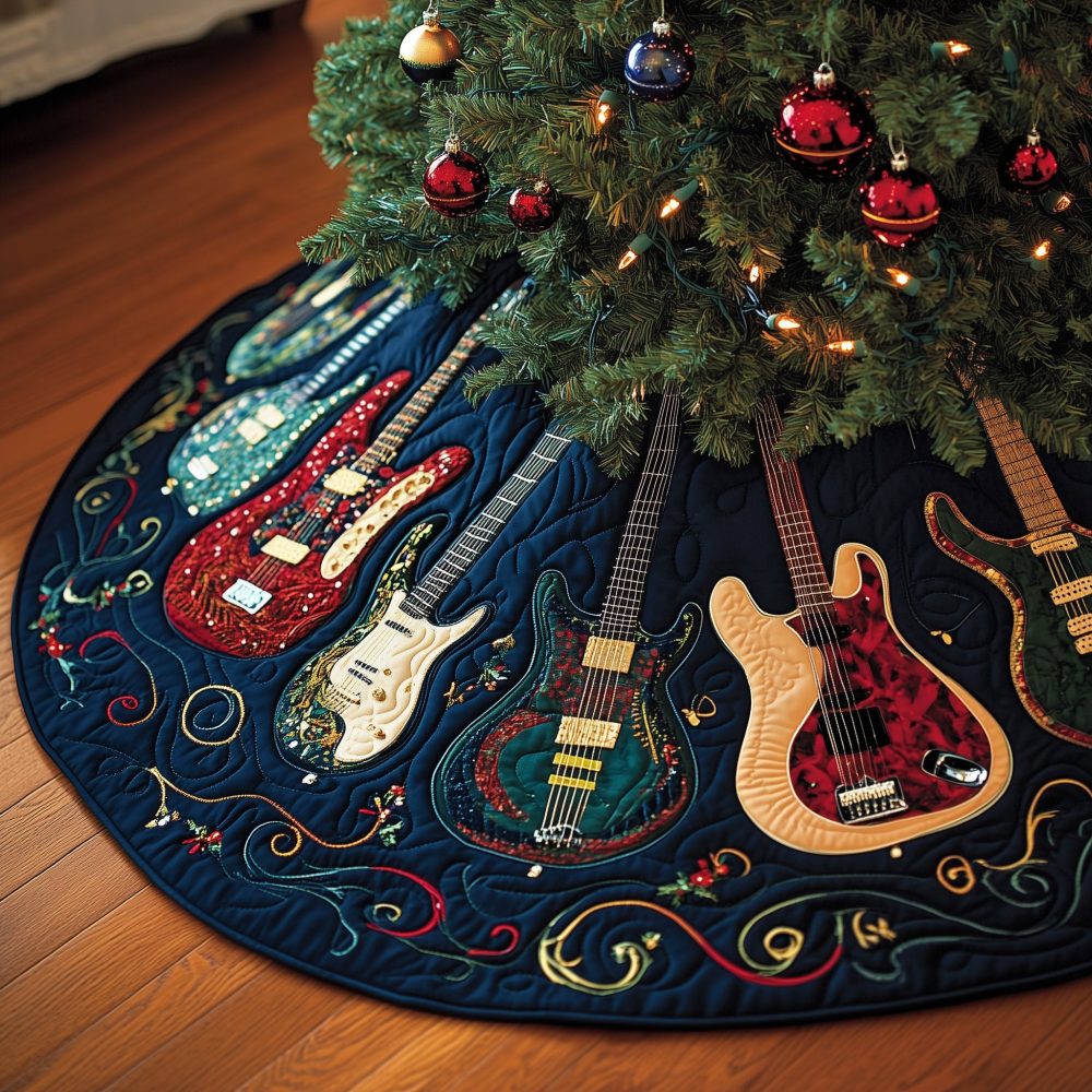 Midnight Blue Guitar Fan Tree Skirt - Handmade Custom Christmas Tree Skirt With Deep Blue Music Design, Made-To-Order Holiday Accent