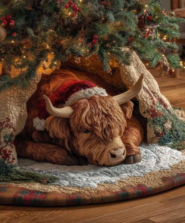 Highland Cow Wearing Santa Hat Christmas Tree Skirt — Custom Handmade Rustic Holiday Décor, Perfect For Farmhouse Trees