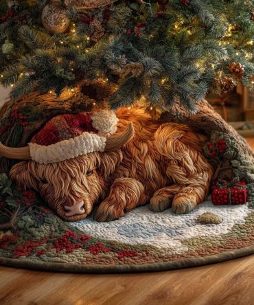 Sleeping Highland Cow With Santa Hat Christmas Tree Skirt — Custom Handmade Holiday Skirt, Whimsical Farmhouse Décor