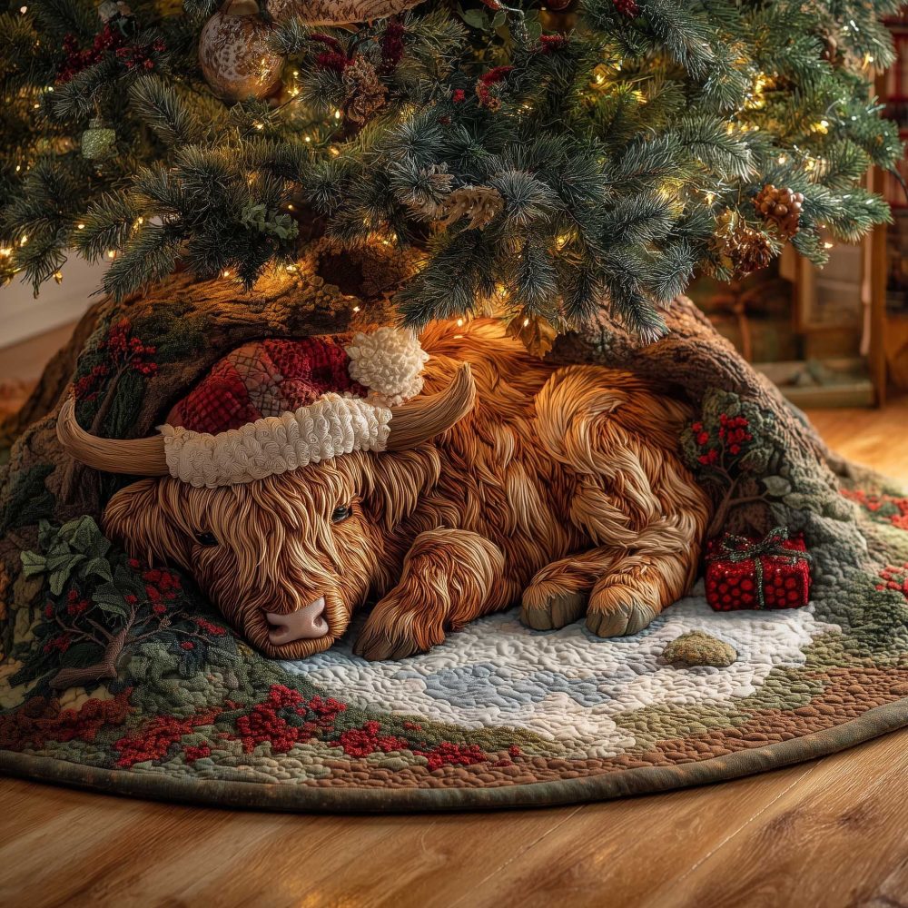Sleeping Highland Cow With Santa Hat Christmas Tree Skirt — Custom Handmade Holiday Skirt, Whimsical Farmhouse Décor