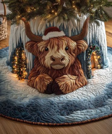 Highland Cow In The Ice Cave Christmas Tree Skirt — Custom Handmade Winter Holiday Tree Skirt For Cozy Farmhouse Style