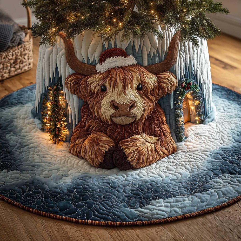 Highland Cow In The Ice Cave Christmas Tree Skirt — Custom Handmade Winter Holiday Tree Skirt For Cozy Farmhouse Style
