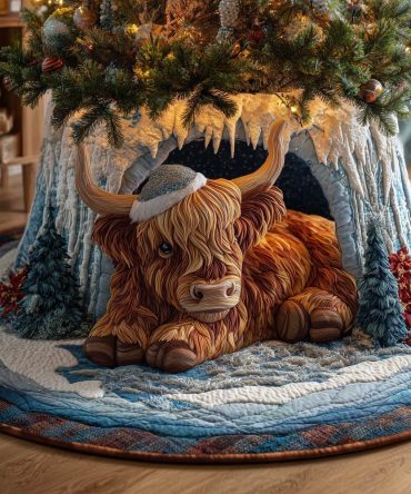 Two Highland Cows In Cozy Cave Christmas Tree Skirt — Handmade Custom Holiday Decor, Charming Rustic Farmhouse Accent