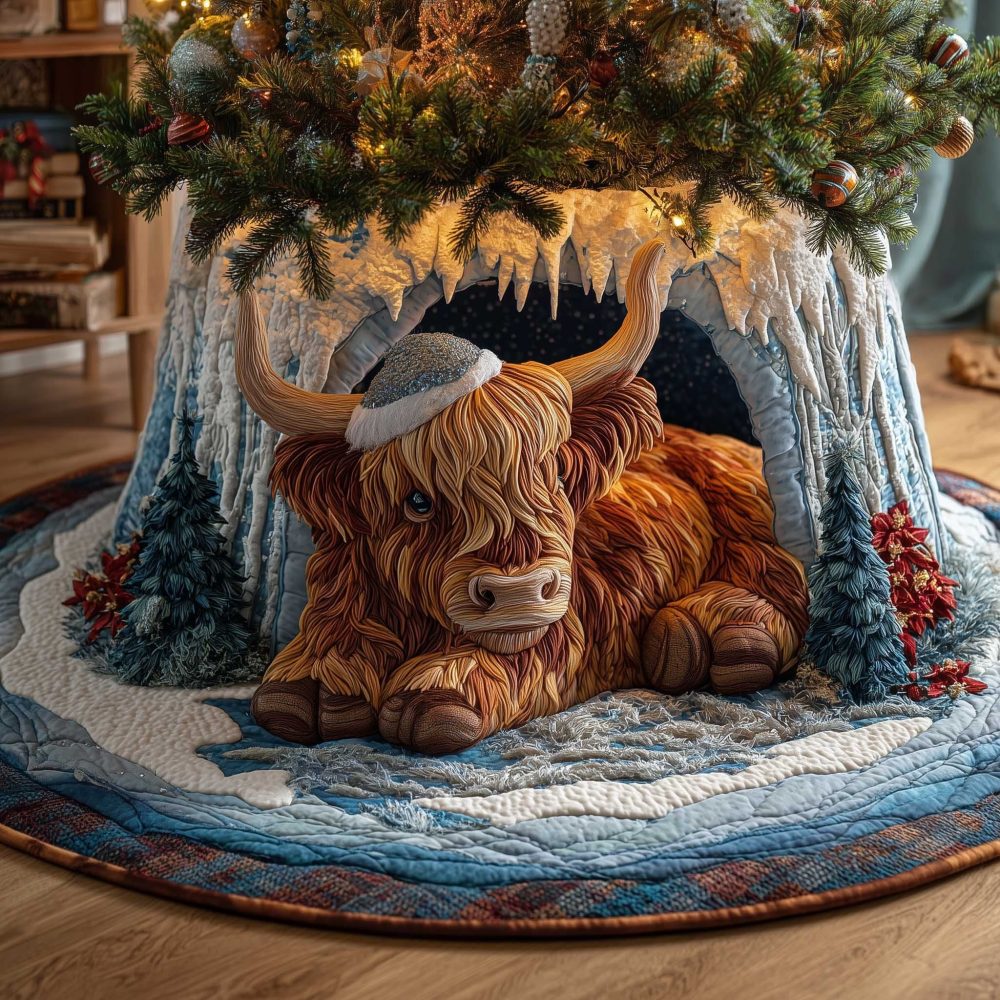 Two Highland Cows In Cozy Cave Christmas Tree Skirt — Handmade Custom Holiday Decor, Charming Rustic Farmhouse Accent