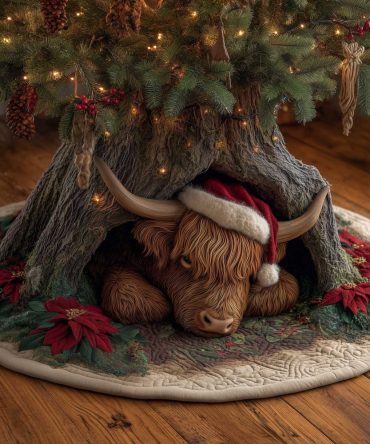 Handcrafted Highland Cow & Poinsettia Christmas Tree Skirt — Rustic Farmhouse Holiday Decor, Custom-Made For Your Tree