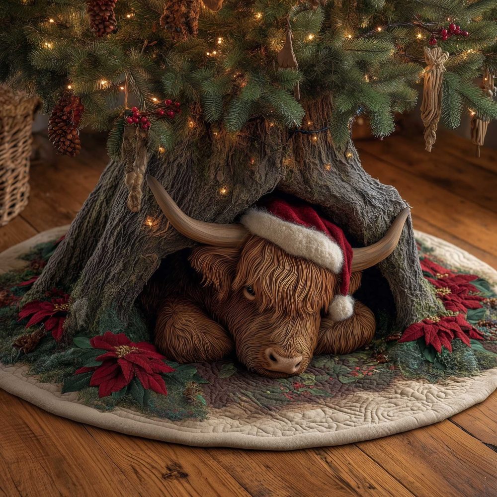 Handcrafted Highland Cow & Poinsettia Christmas Tree Skirt — Rustic Farmhouse Holiday Decor, Custom-Made For Your Tree