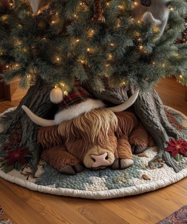 Custom Highland Cows Christmas Tree Skirt With Santa Hats — Cozy Farmhouse Holiday Décor, Handmade & Made-To-Order