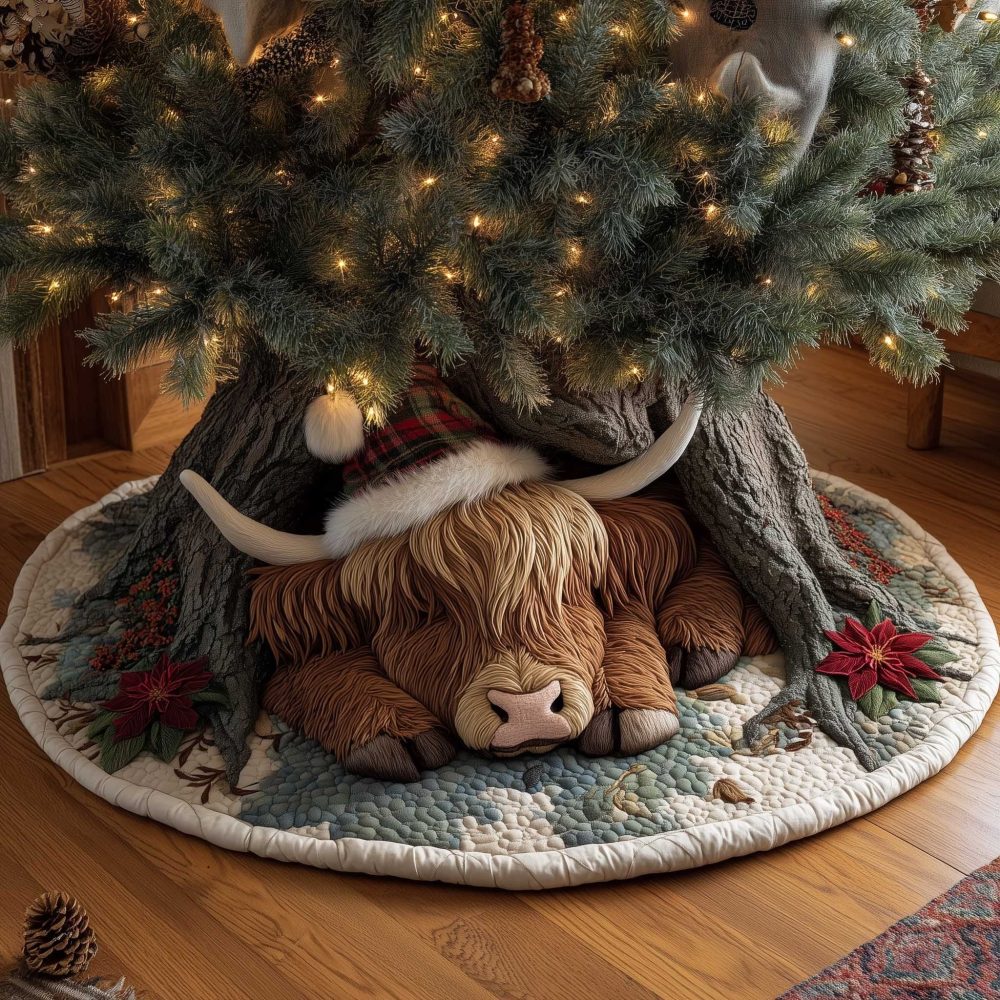 Custom Highland Cows Christmas Tree Skirt With Santa Hats — Cozy Farmhouse Holiday Décor, Handmade & Made-To-Order