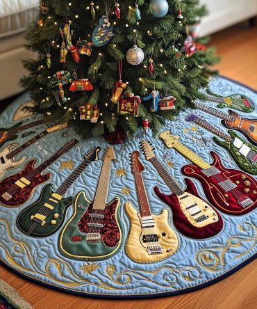 Ice Blue Swirl Guitar Tree Skirt - Custom Handmade Christmas Tree Skirt With Blue Guitar Pattern, Perfect Holiday Music Decor