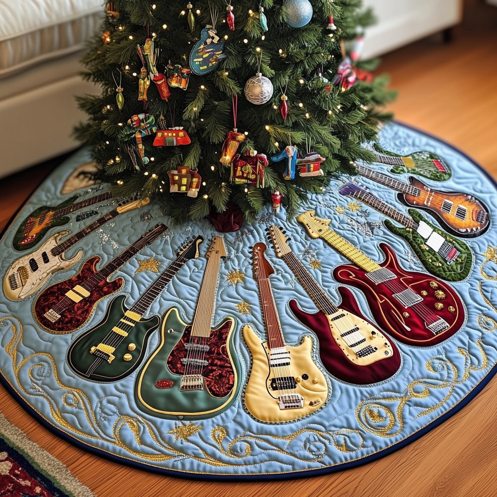 Ice Blue Swirl Guitar Tree Skirt - Custom Handmade Christmas Tree Skirt With Blue Guitar Pattern, Perfect Holiday Music Decor