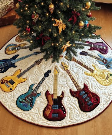 Ivory Quilted Guitar Wheel Tree Skirt - Custom Handmade Christmas Tree Skirt With Guitar Wheel Motif, Luxurious Holiday Base Cover