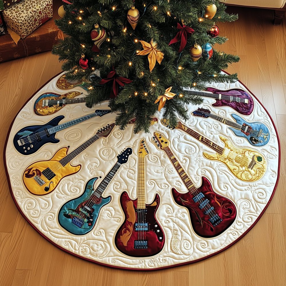 Ivory Quilted Guitar Wheel Tree Skirt - Custom Handmade Christmas Tree Skirt With Guitar Wheel Motif, Luxurious Holiday Base Cover