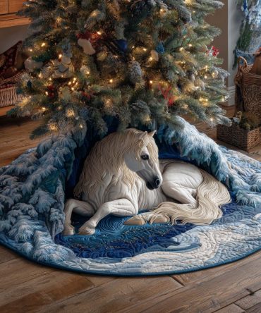 Blue & White Holiday Tree Skirt With Sleeping White Horse — Custom Handmade Christmas Tree Skirt, Elegant Farmhouse Style