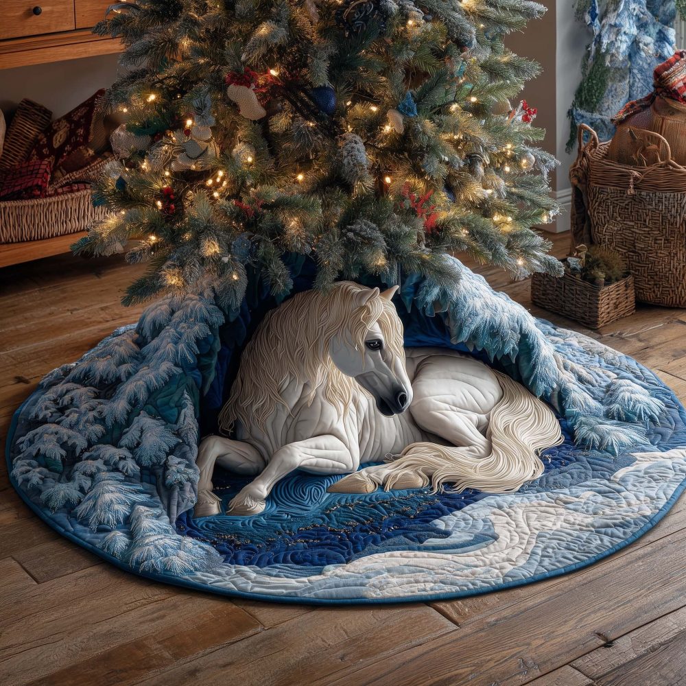Blue & White Holiday Tree Skirt With Sleeping White Horse — Custom Handmade Christmas Tree Skirt, Elegant Farmhouse Style