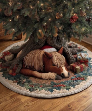 Handmade Rustic Christmas Tree Skirt With Brown Horse & Poinsettias — Custom Holiday Farmhouse Décor, Made-To-Order