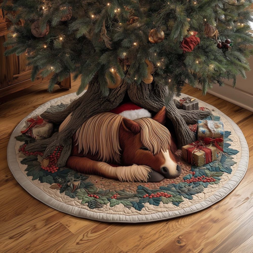 Handmade Rustic Christmas Tree Skirt With Brown Horse & Poinsettias — Custom Holiday Farmhouse Décor, Made-To-Order