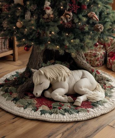 White Horse On Cream Holly Tree Skirt — Elegant Equestrian Christmas Tree Skirt, Quilted Handmade Holiday Decor, Made-To-Order