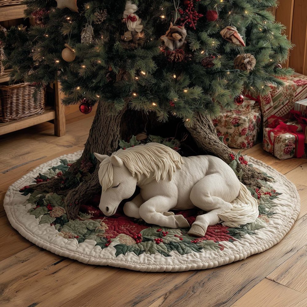 White Horse On Cream Holly Tree Skirt — Elegant Equestrian Christmas Tree Skirt, Quilted Handmade Holiday Decor, Made-To-Order