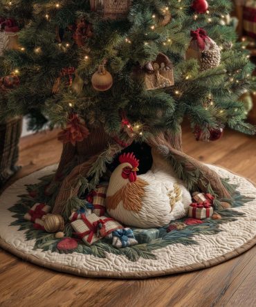 Rooster Among Wrapped Gifts Holiday Tree Skirt — Festive Rooster & Presents Quilted Christmas Tree Skirt, Custom Made-To-Order