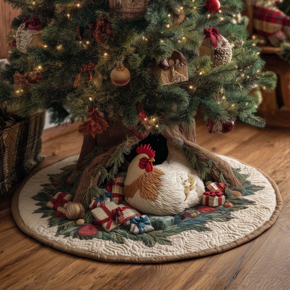 Rooster Among Wrapped Gifts Holiday Tree Skirt — Festive Rooster & Presents Quilted Christmas Tree Skirt, Custom Made-To-Order