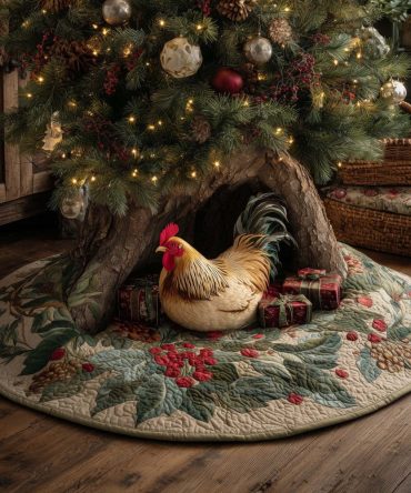 Rooster On Holly Quilt Christmas Tree Skirt — Vibrant Poultry Holiday Tree Skirt, Handmade Quilted Design, Custom Made-To-Order