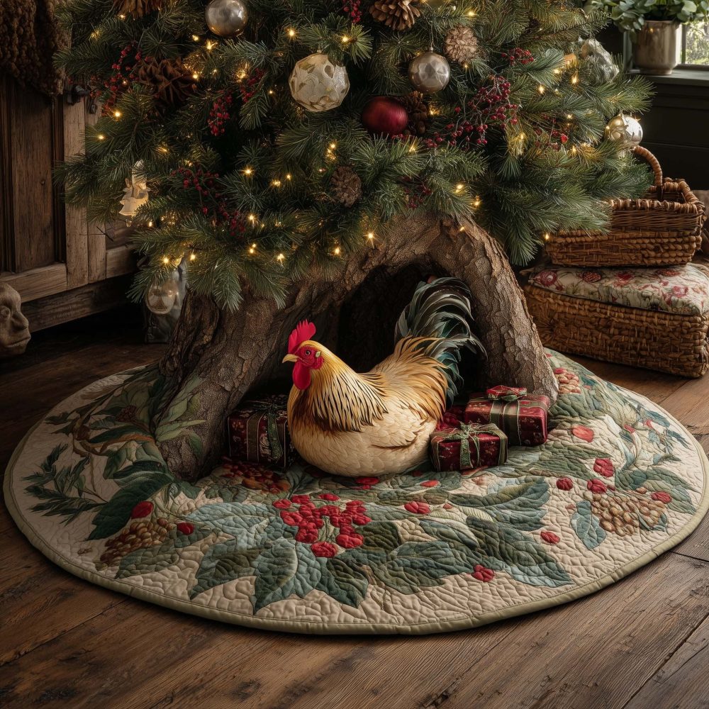 Rooster On Holly Quilt Christmas Tree Skirt — Vibrant Poultry Holiday Tree Skirt, Handmade Quilted Design, Custom Made-To-Order
