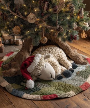 Sheep Wearing Santa Hat Holiday Tree Skirt — Festive Cozy Sheep Christmas Tree Skirt, Handmade & Made-To-Order Winter Decor
