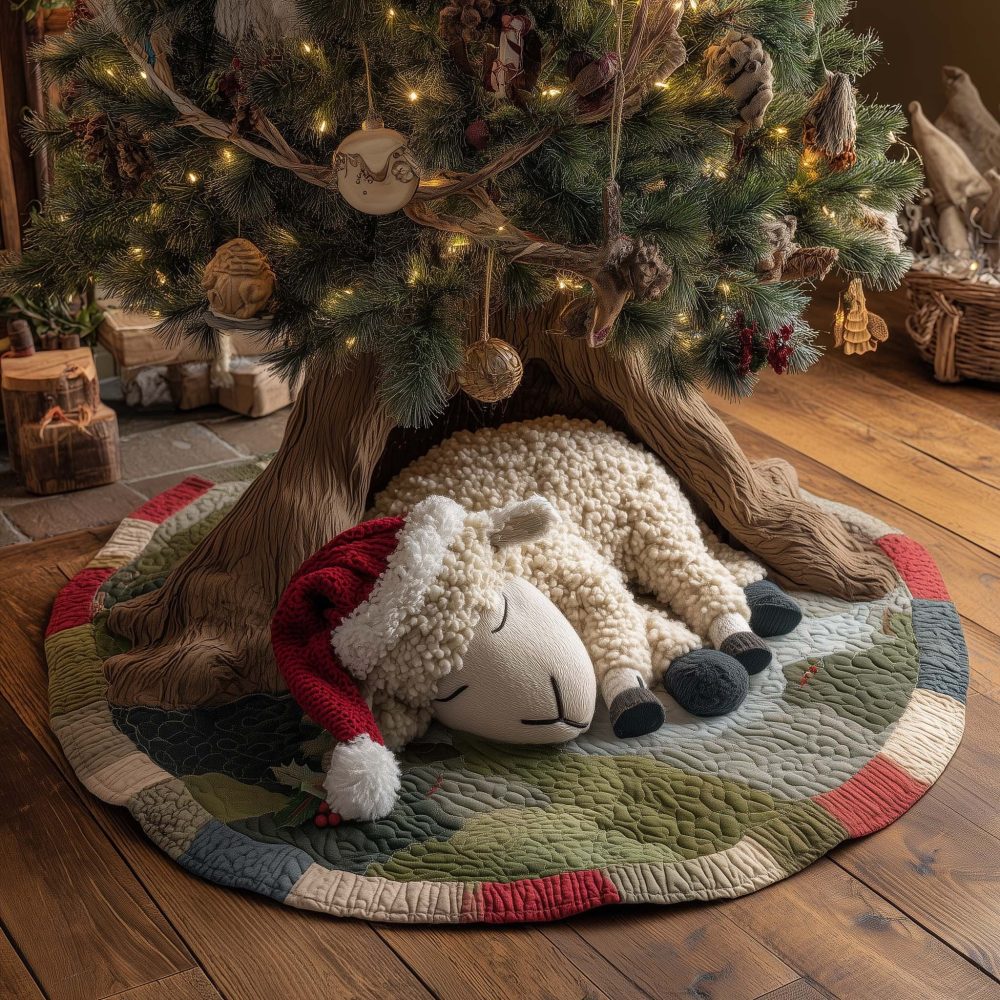 Sheep Wearing Santa Hat Holiday Tree Skirt — Festive Cozy Sheep Christmas Tree Skirt, Handmade & Made-To-Order Winter Decor